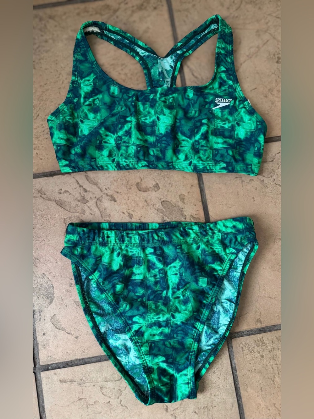 Speedo High-Waisted High-Cut Bikini, Green Liquid Print, Size 12, Like-New